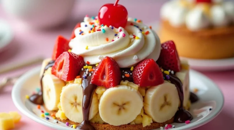 banana split cake with layers of graham cracker crust