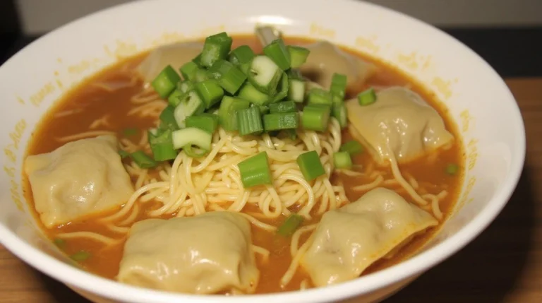 steaming bowl of wonton noodle soup with tender dumplings, thin egg noodles, and flavorful broth, garnished with fresh green onions.