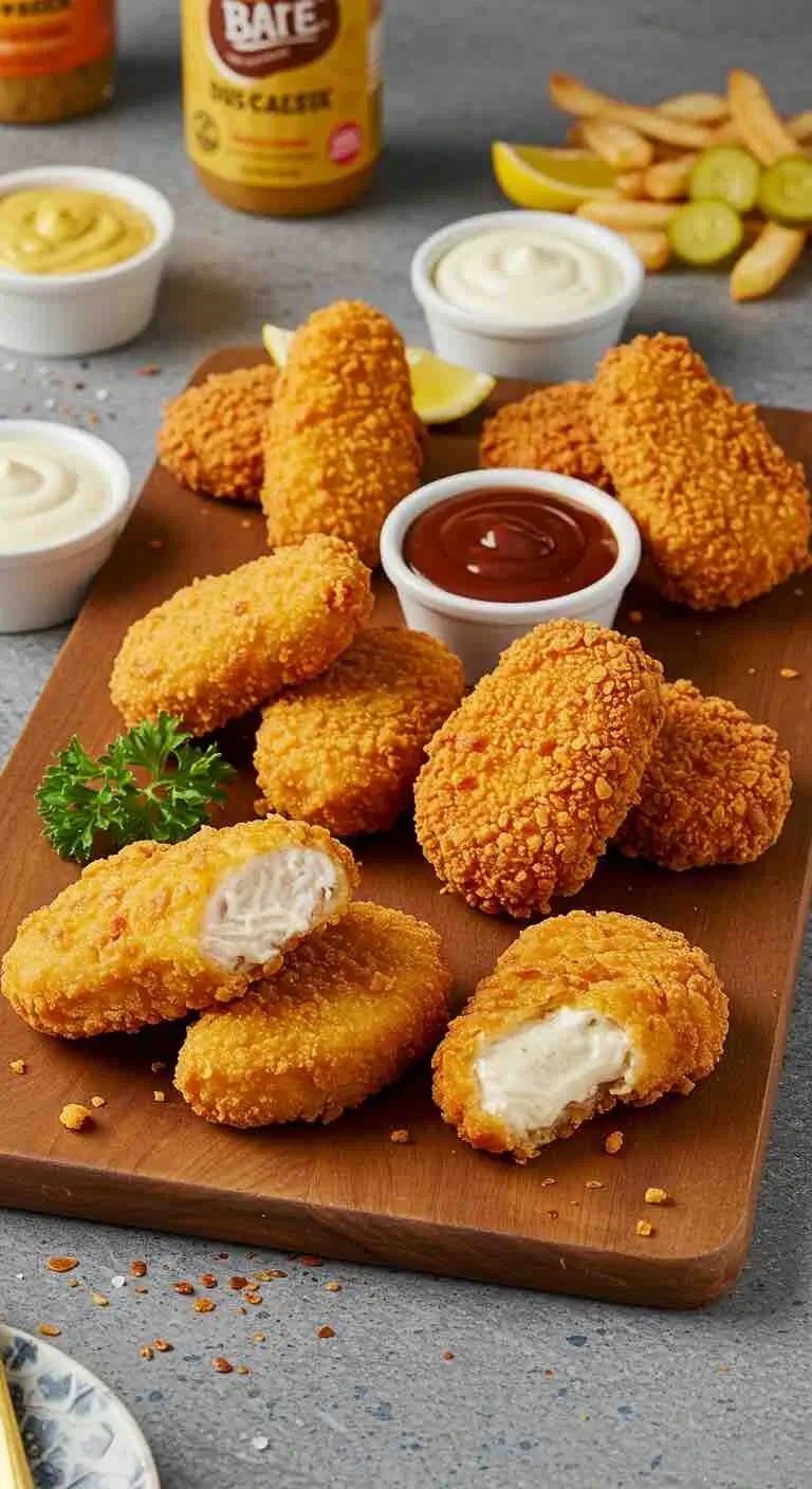 Crispy Bare Chicken Nuggets served on a white plate with dipping sauce.