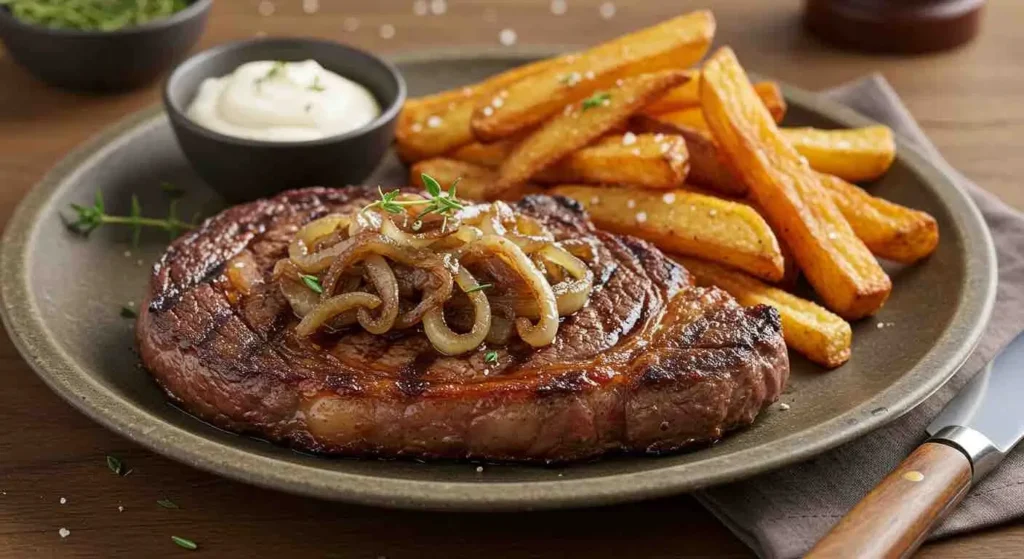 How to Make Perfect Ribeye Steak with French Onions and Crispy French Fries 2 Juicy grilled ribeye steak with perfect sear marks, served with herbs and garlic butter.