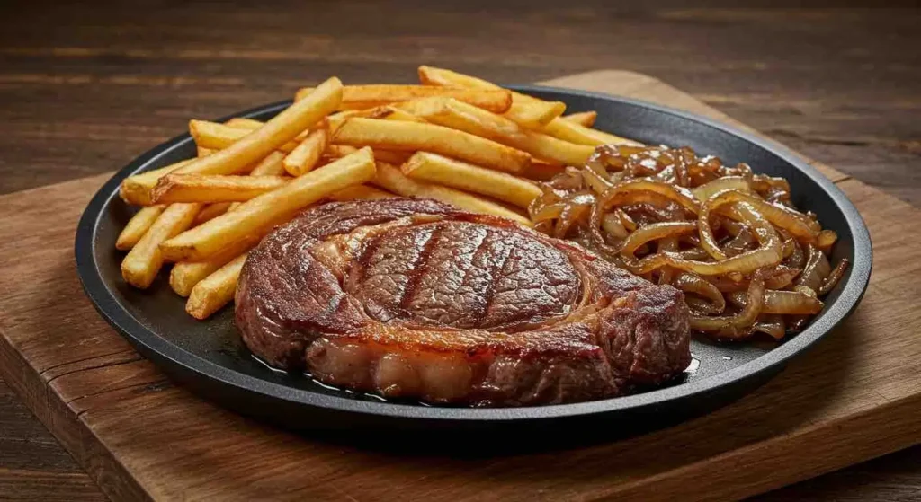 How to Make Perfect Ribeye Steak with French Onions and Crispy French Fries 3 Juicy grilled ribeye steak with perfect sear marks, served with herbs and garlic butter.