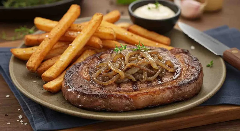 How to Make Perfect Ribeye Steak with French Onions and Crispy French Fries 4 Juicy grilled ribeye steak with perfect sear marks, served with herbs and garlic butter.